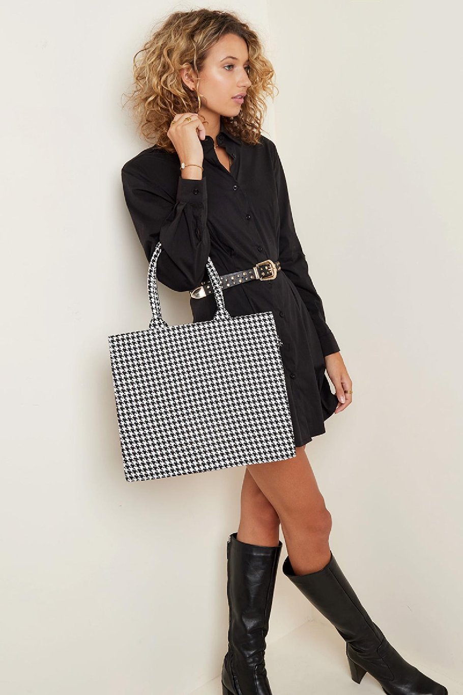 Print pied-de-poule shopper Zwart &amp; Wit Polyester Afbeelding5